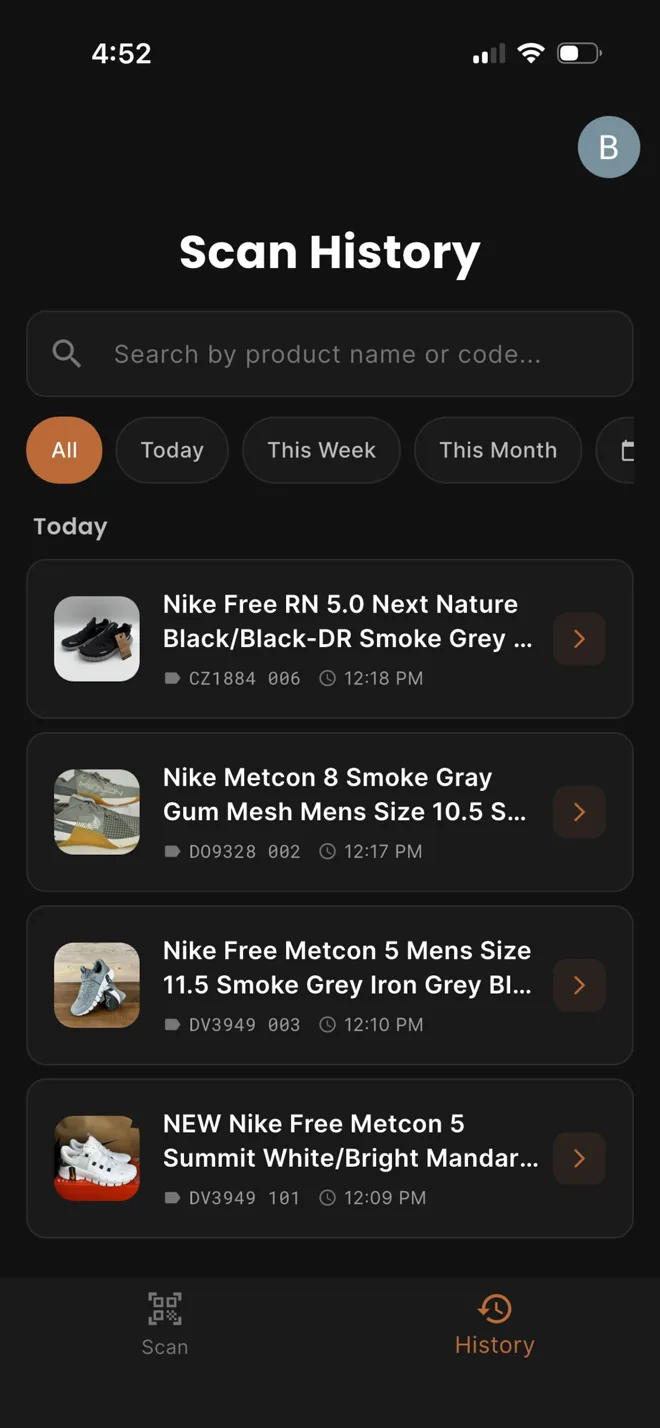SneakScan scan history screen listing previously scanned Nike sneakers with their style codes